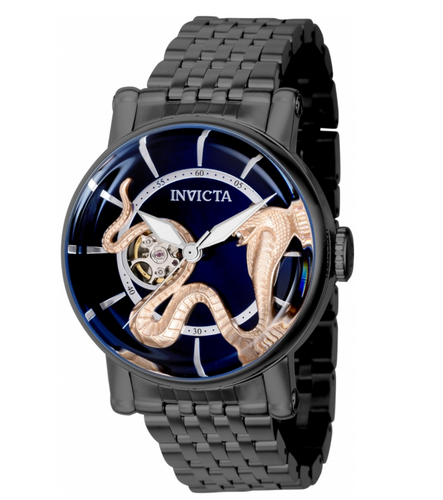 Invicta Vintage Gold Cobra Snake Automatic Mens 44mm Blue Dial Black Watch 43337-Klawk Watches