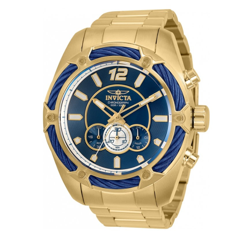 Invicta Bolt Mens 52mm Blue Dial Gold Bracelet Miyota Chronograph Movement 31477-Klawk Watches